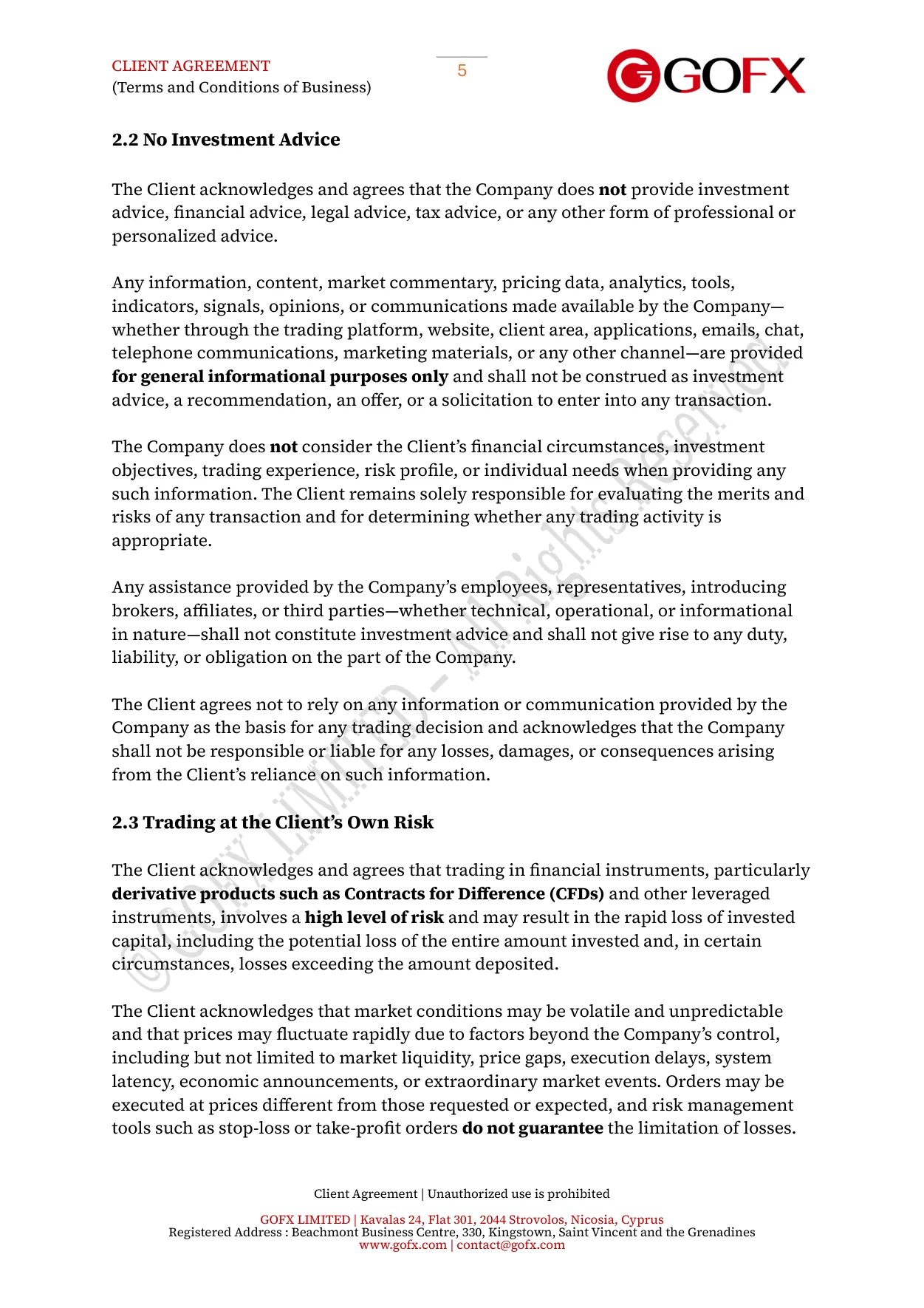 GOFX Client Agreement page 9